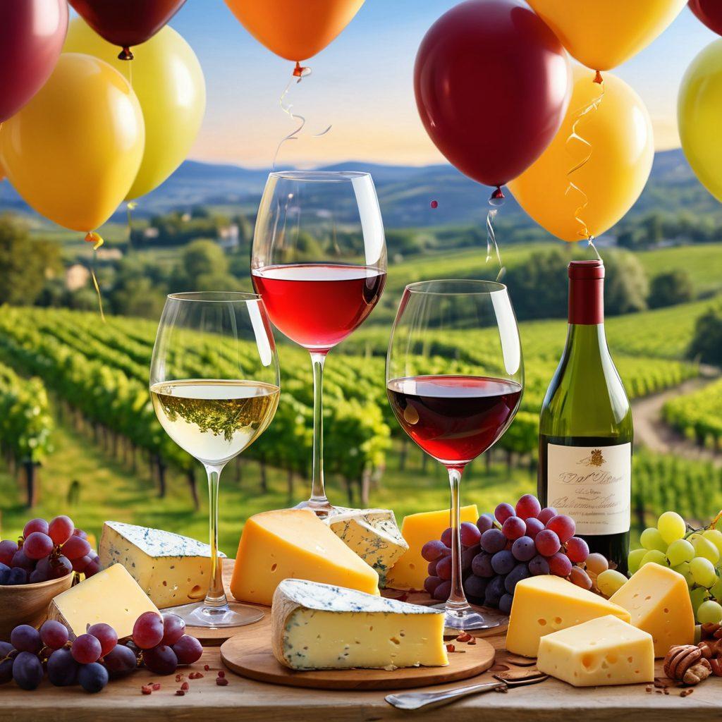 A whimsical illustration featuring a diverse array of wine glasses filled with vibrant wines, alongside exquisite cheese and gourmet bites. The background should showcase a vineyard in soft evening light, symbolizing celebration and delight in wine tasting. Add playful elements like balloons and confetti to emphasize the festive mood. super-realistic. vibrant colors. warm ambiance.