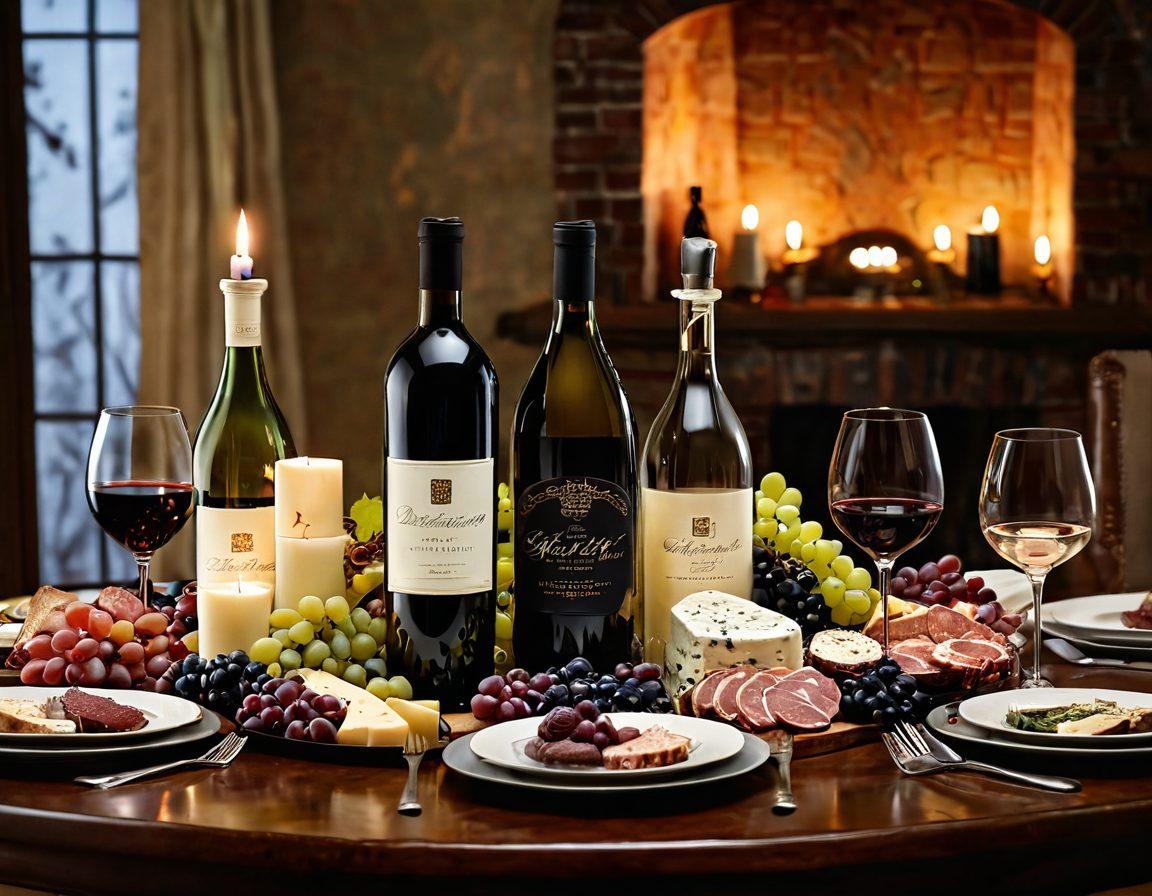 A beautifully arranged table setting featuring an elegant wine decanter surrounded by a variety of exceptional wine bottles, each with unique labels, and paired with gourmet cheese and charcuterie. Soft candlelight creates a warm ambiance, while a backdrop of a festive celebration with friends toasting glasses. Artistic elements include colorful grapevines intertwining around the setting. super-realistic. vibrant colors. elegant atmosphere.
