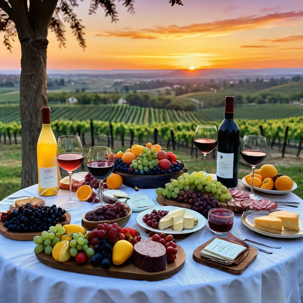 A beautifully arranged wine tasting scene featuring an elegant table adorned with various wine bottles and glasses, surrounded by colorful fruits, cheeses, and charcuterie. A soft, warm glow from candlelight reflecting off the glassware, with a backdrop of a vineyard under a sunset sky. The atmosphere exudes joy, celebration, and sophistication. painting. warm colors. vibrant details.